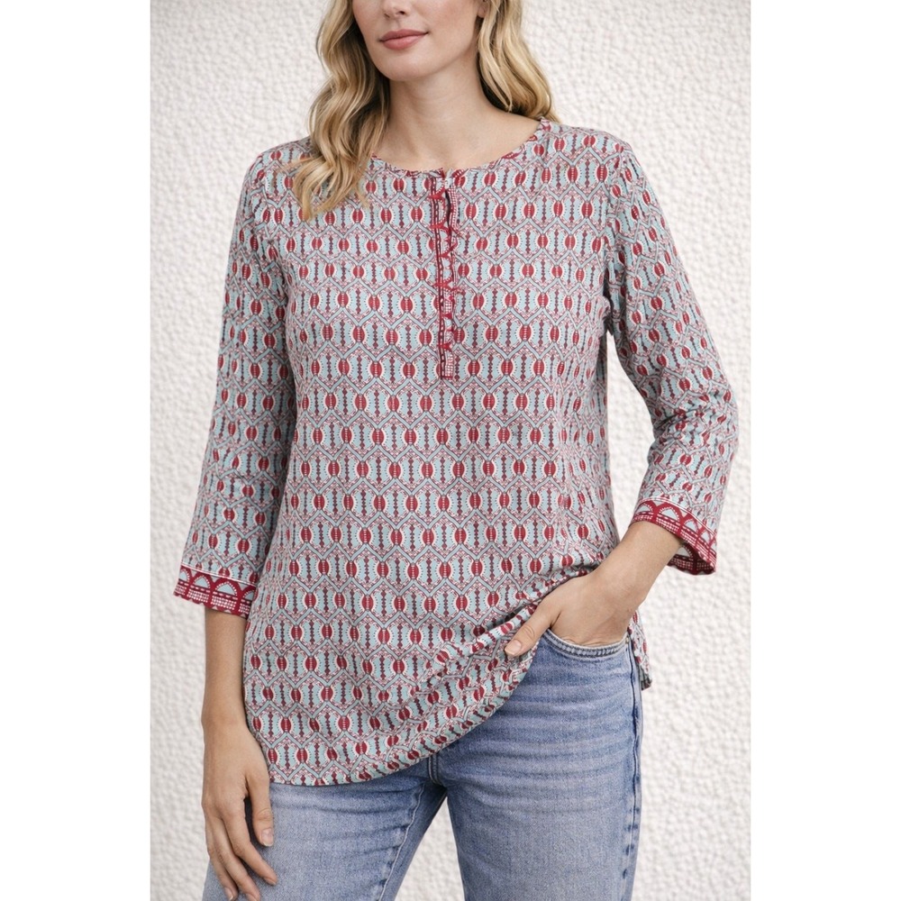 Fabindia Womens Blue Red Geometric Cotton Kurti Tunic Top Size S 3/4 Sleeve